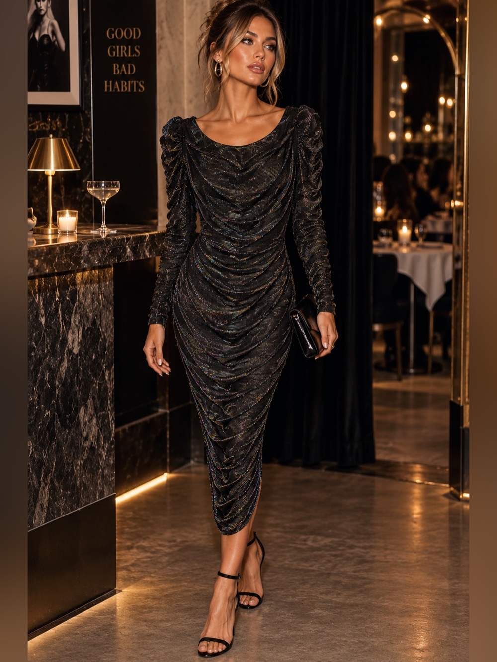 Algo Boutique Black Shimmer Ruched Midi Dress with Long Sleeves